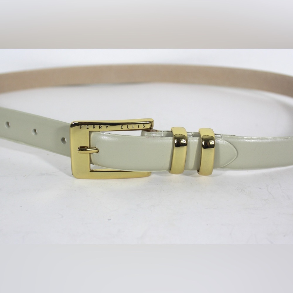 Ecru Leather Belt with Gold Metal Buckle and Keeper Loops Off White Cream